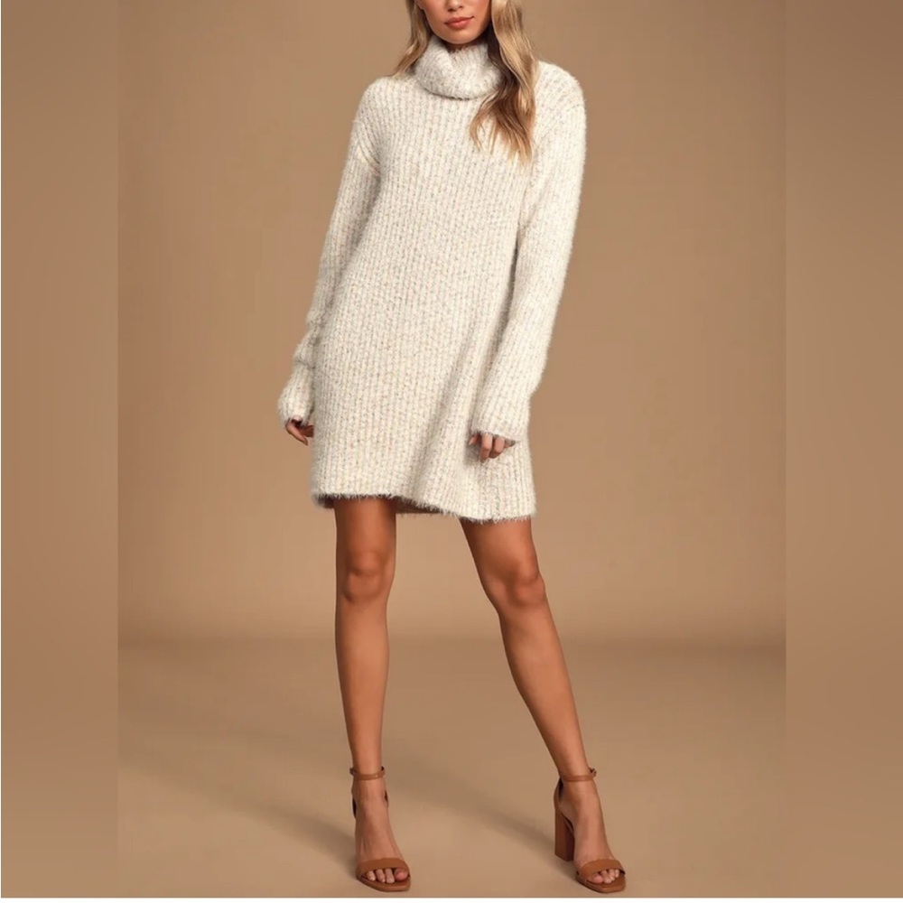 Sweet Whispers Ivory Multi Eyelash Knit Turtleneck Sweater Dress